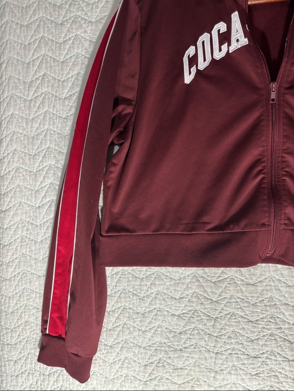 Coca Cola Women's Maroon Track Jacket with Red and White Stripe Sleeves - Picture 5 of 6